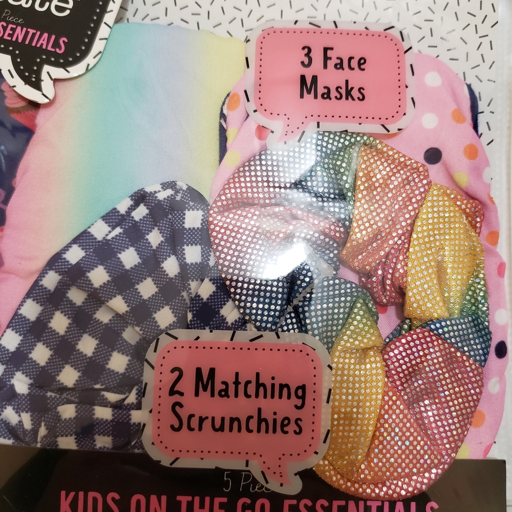 New Kids Face Masks and Scrunchie Set NWT 5 piece set Rainbow Cupcake Pink Blue - Picture 5 of 7